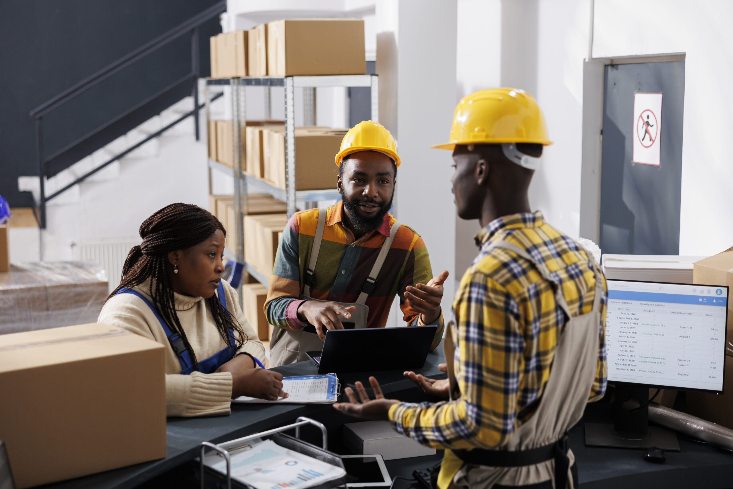 Delivery service workers checking goods inventory on laptop at post office reception counter. African american logistics department managers discussing products supply chain in postal storehouse