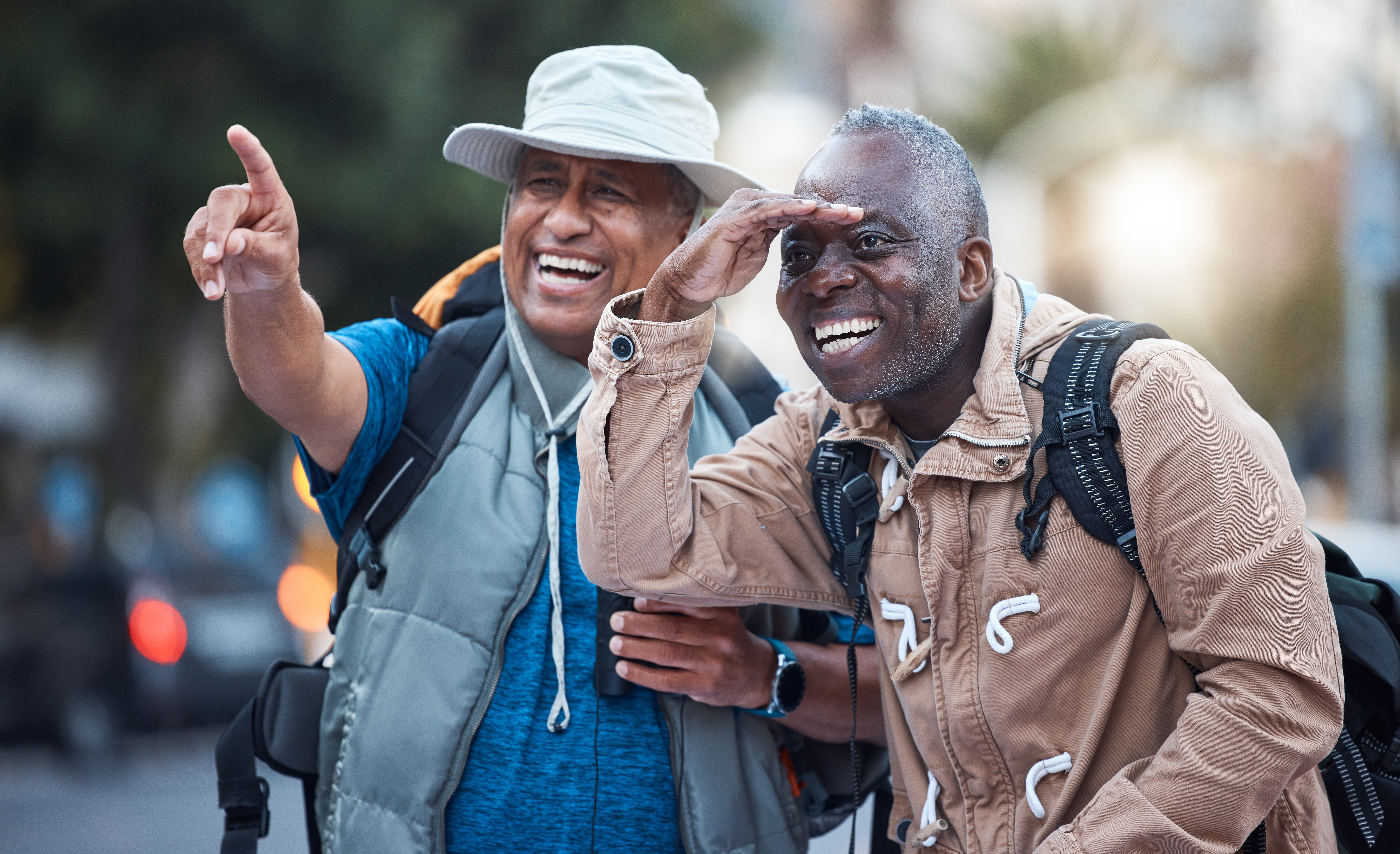 Travel, city tourism and men pointing on walk, explore vacation or tourist adventure in retirement